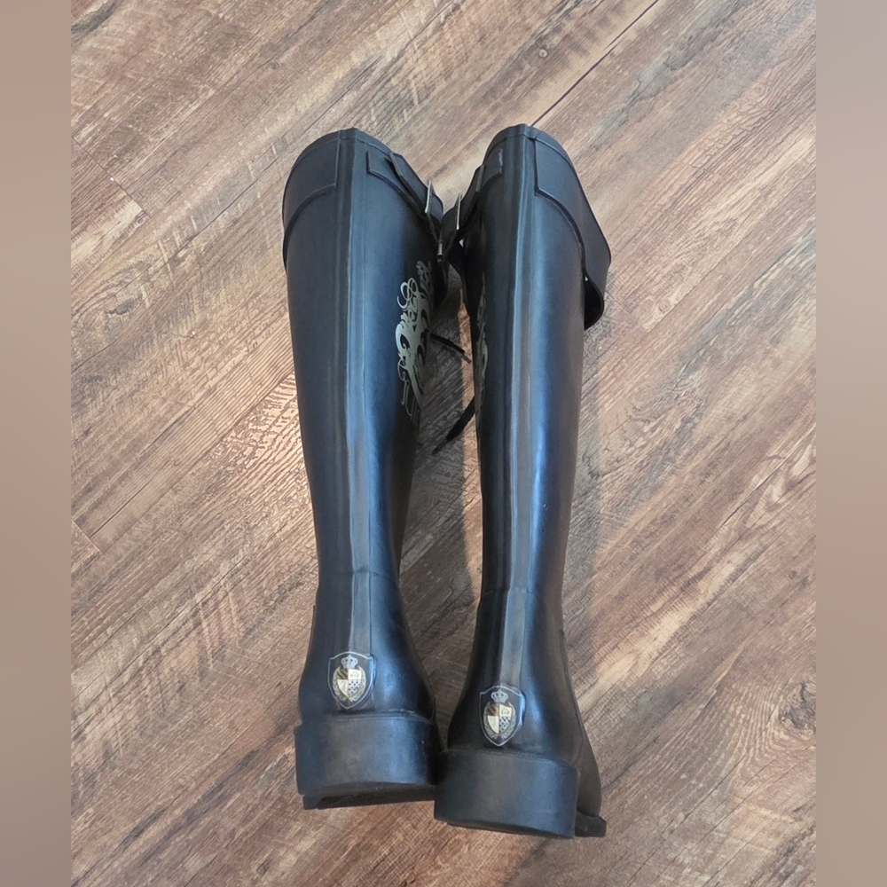 Juicy Couture Black Rain Boots Lace Up Buckle Logo Crown US 8 - Picture 12 of 15